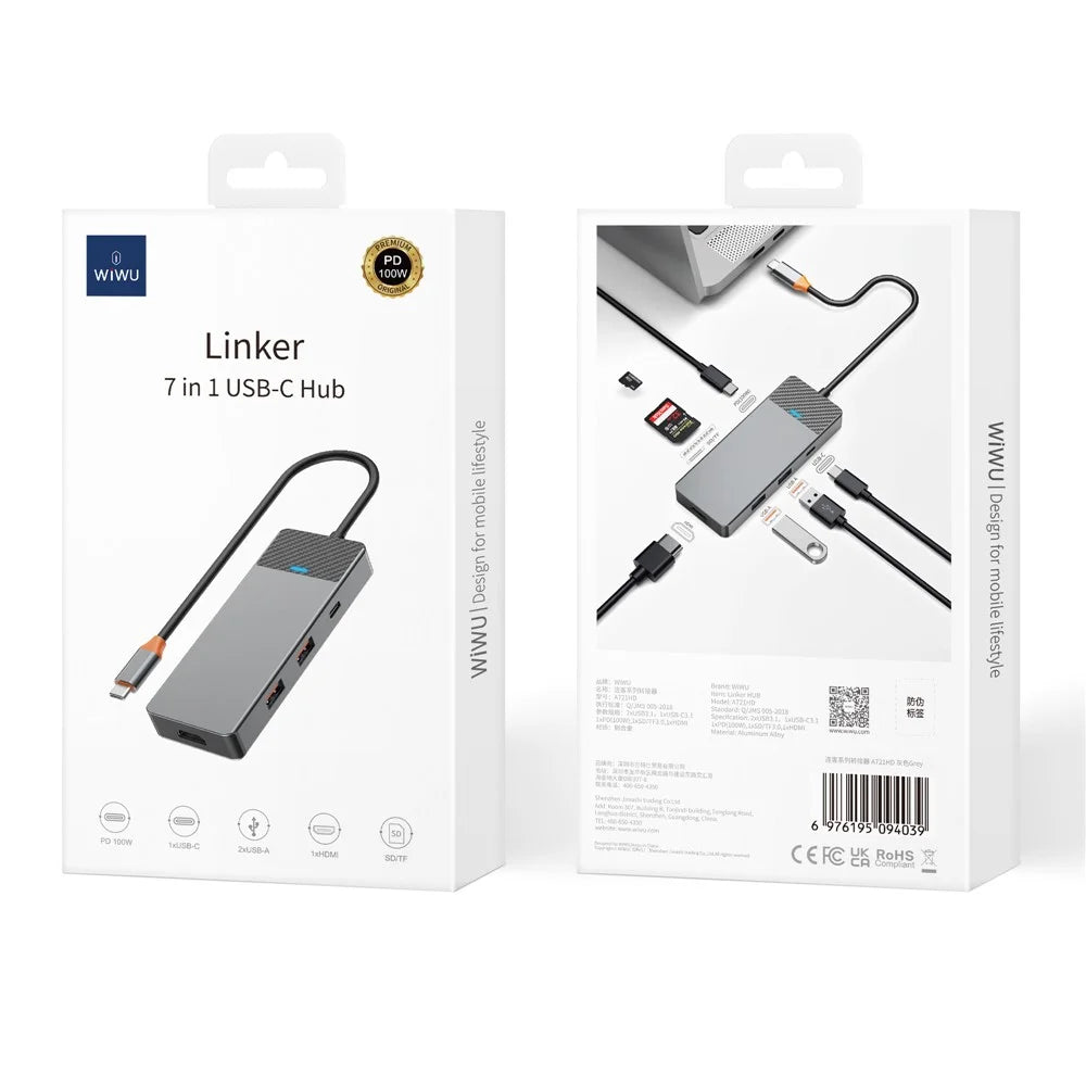 WIWU A721HD Type-C Hub Adapter to 2xUSB 3.1+PD 100W+USB-C+2xCard Reader Slots+HD Video Output - 6