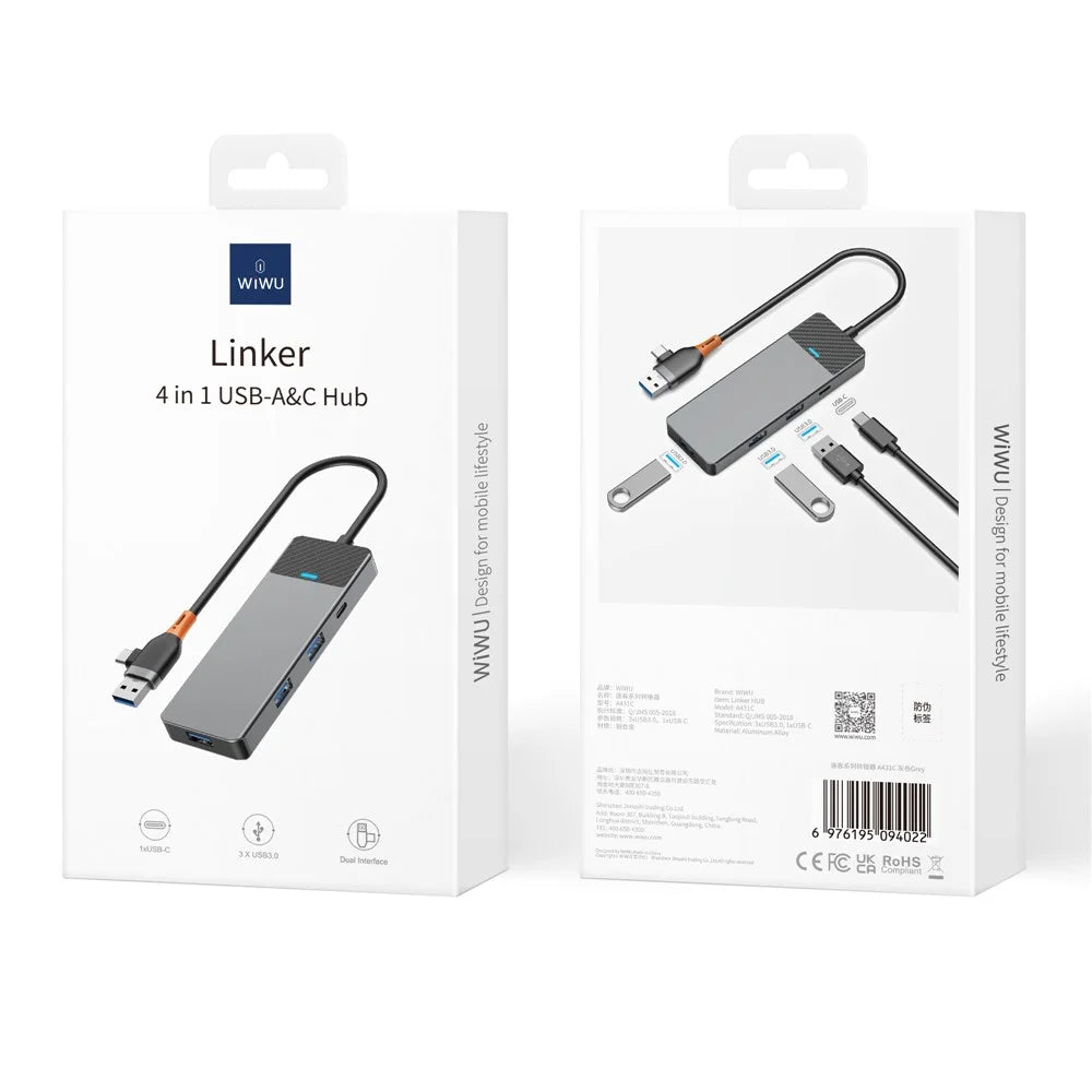 WIWU A431C Linker Series USB-A&C Hub Adapter 4-in-1 Portable Docking Station with 3 USB3.0+USB-C 3.0 - 7