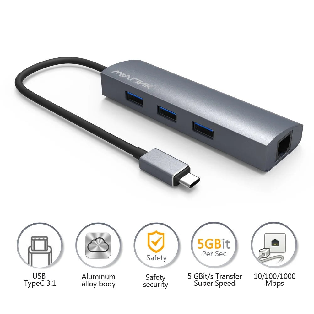 WAVLINK UH3031G / C Type-C Hub Mini Adapter to 3 x USB 3.0 + USB-C + RJ45 + DC Power Port - 2