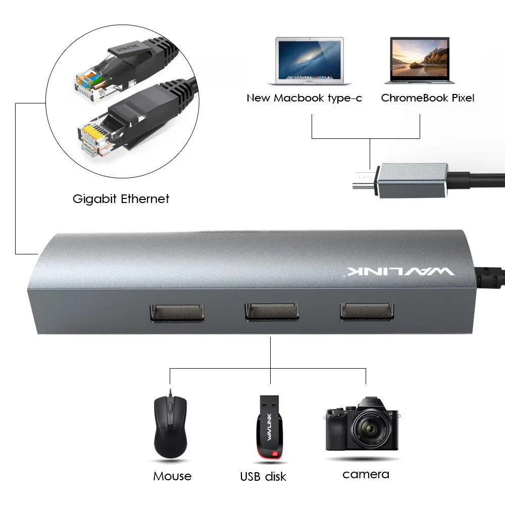 WAVLINK UH3031G / C Type-C Hub Mini Adapter to 3 x USB 3.0 + USB-C + RJ45 + DC Power Port - 3