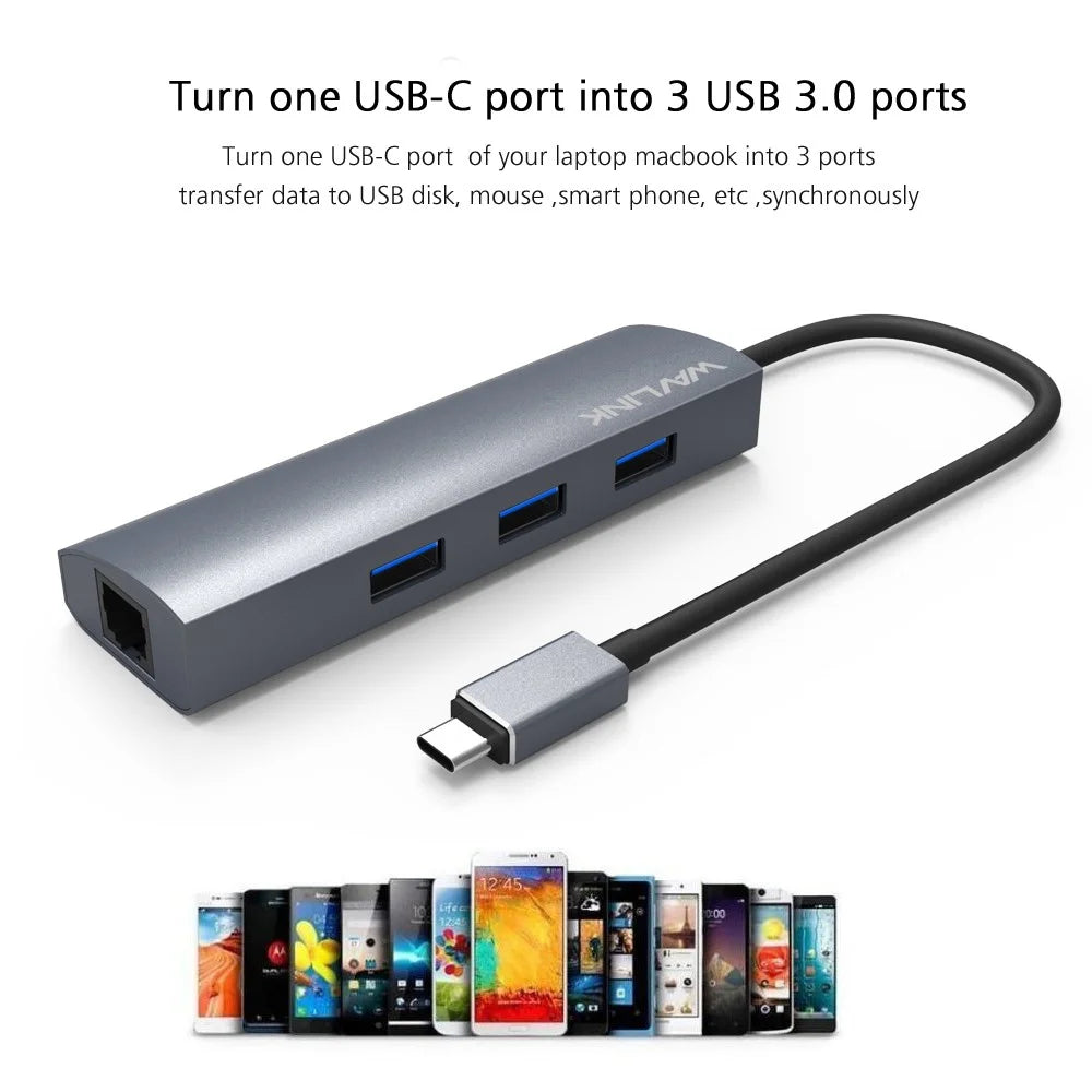 WAVLINK UH3031G / C Type-C Hub Mini Adapter to 3 x USB 3.0 + USB-C + RJ45 + DC Power Port - 5