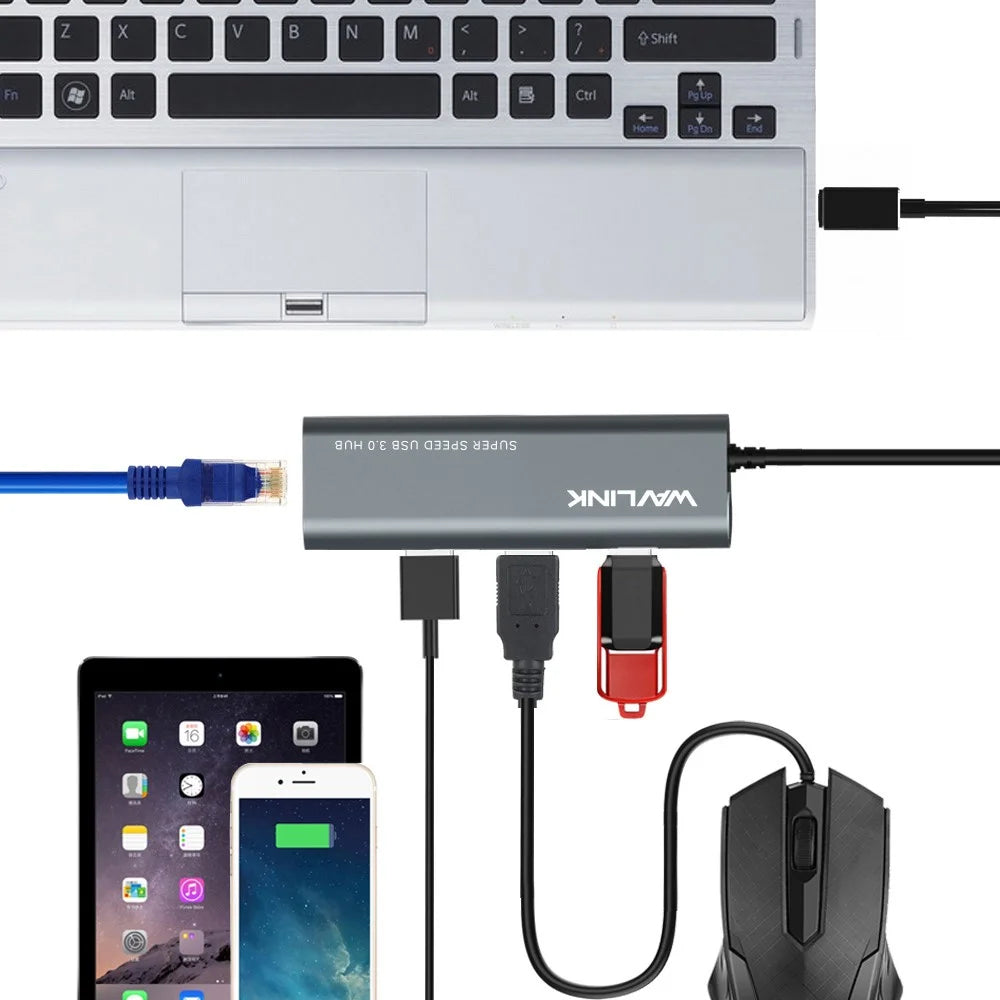 WAVLINK UH3031G / C Type-C Hub Mini Adapter to 3 x USB 3.0 + USB-C + RJ45 + DC Power Port - 6
