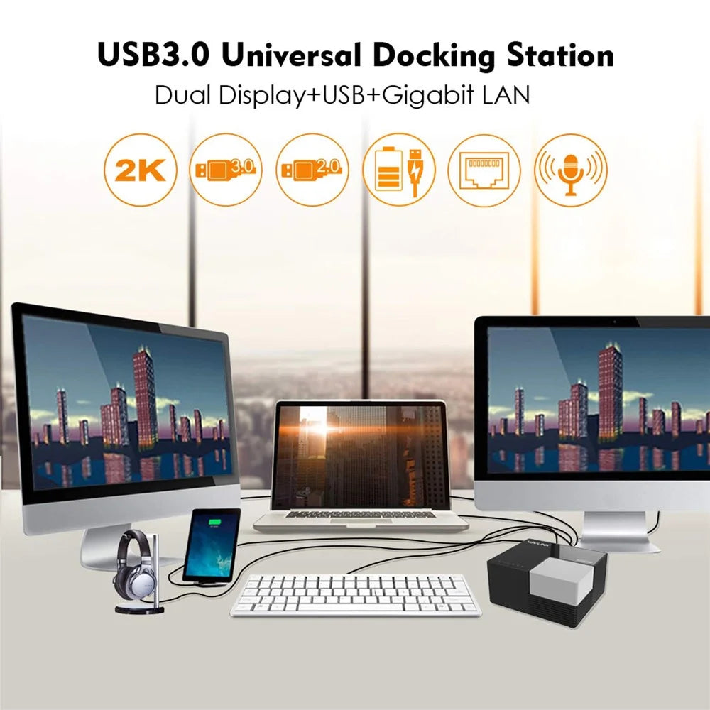 WAVLINK WL-UG39DK3 USB 3.0 Hub Fast Charging Gigabit Ethernet Dual Display Video Dock with DVI / HD - EU Plug - 5