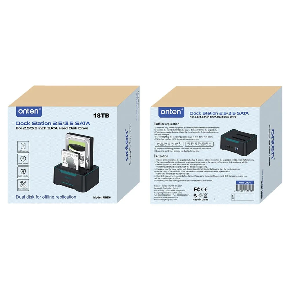 ONTEN UHD6 USB 3.0 to SATA I / II / III Dual Bay External Hard Drive Docking Station for 2.5 / 3.5in HDD, SSD - 5