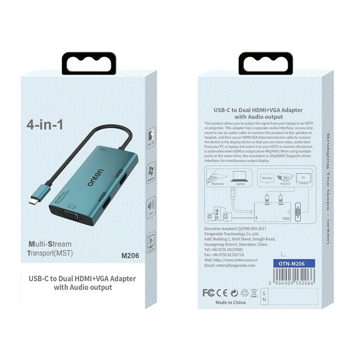 ONTEN M206 4-in-1 USB-C Hub Adapter Type-C to Dual HD+VGA+3.5mm Video Converter Support 4K / 60Hz - 7