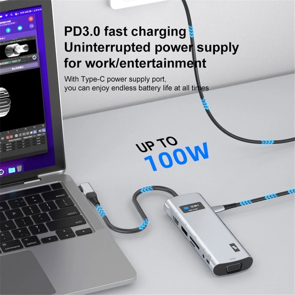 Z261 USB3.1 to PD+USB3.0x3+Type-C+SD / TF+RJ45+3.5mm+DP+HD+VGA 12-in-1 Hub - 7