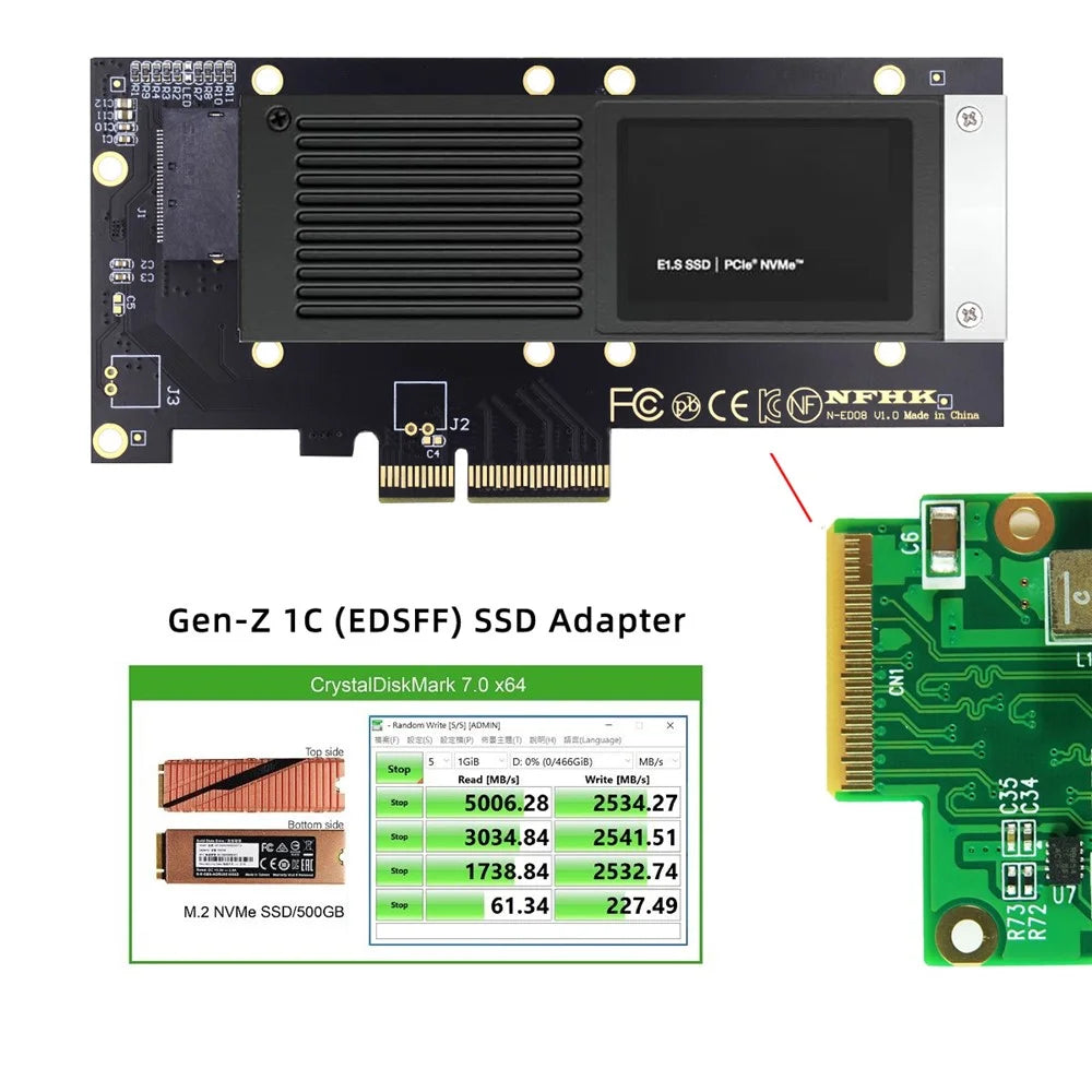 SF-036-PM PCI-E 4.0 4X Host Adapter to NVMe Ruler 1U GEN-Z EDSFF Short SSD E1.S with Heat Sink Carrier Adapter - 5