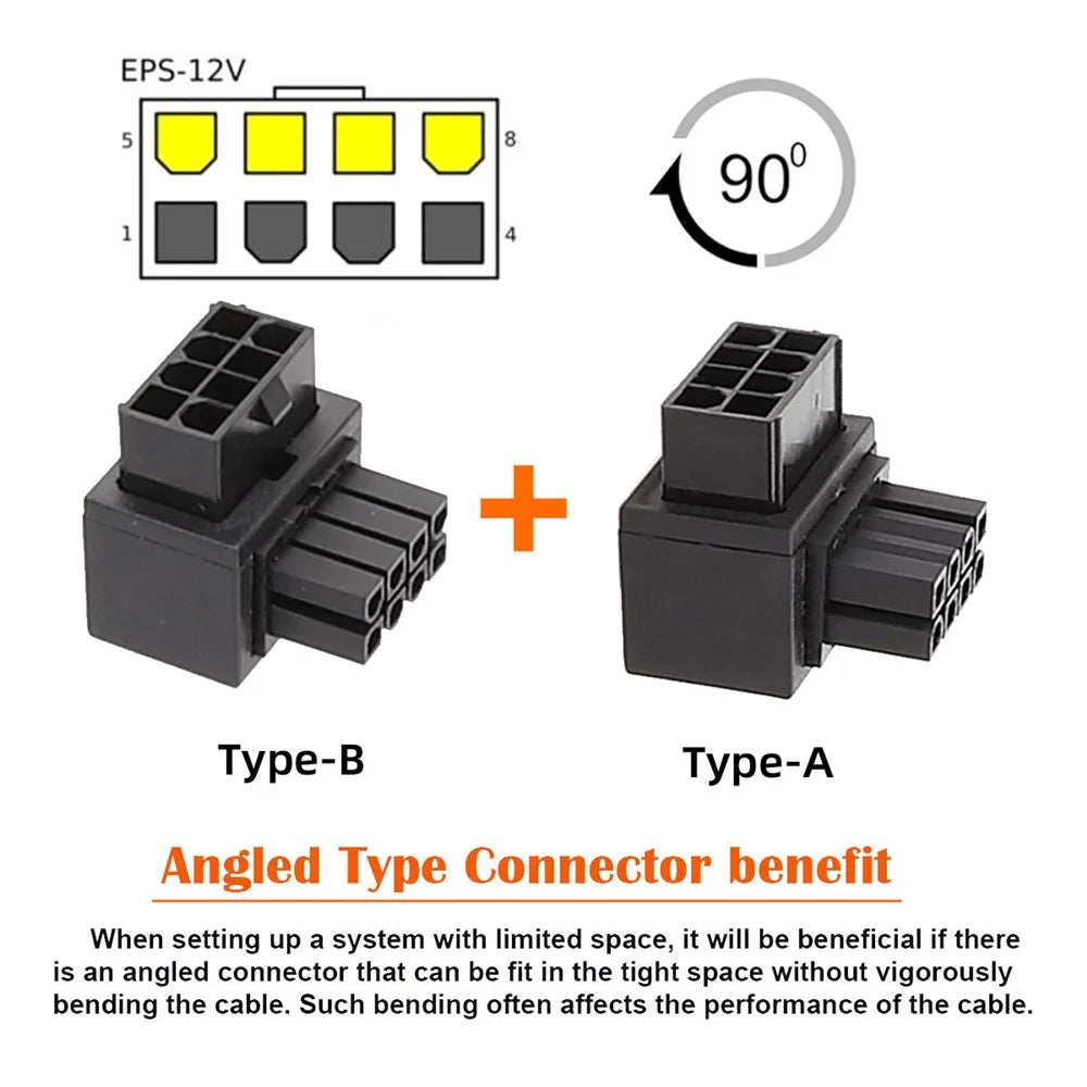 PW-054 2Pcs / Set ATX 8P EPS Male to Female 90 Degree Up+Down Angled Power Adapter for CPU 12V - 2