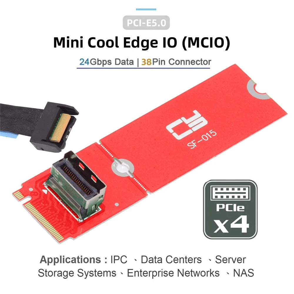 SF-015 PCI-E 5.0 4.0 M.2 M-key to MCIO Mini Cool Edge IO Female Host Adapter for PCIe Nvme SSD 2280 - 3