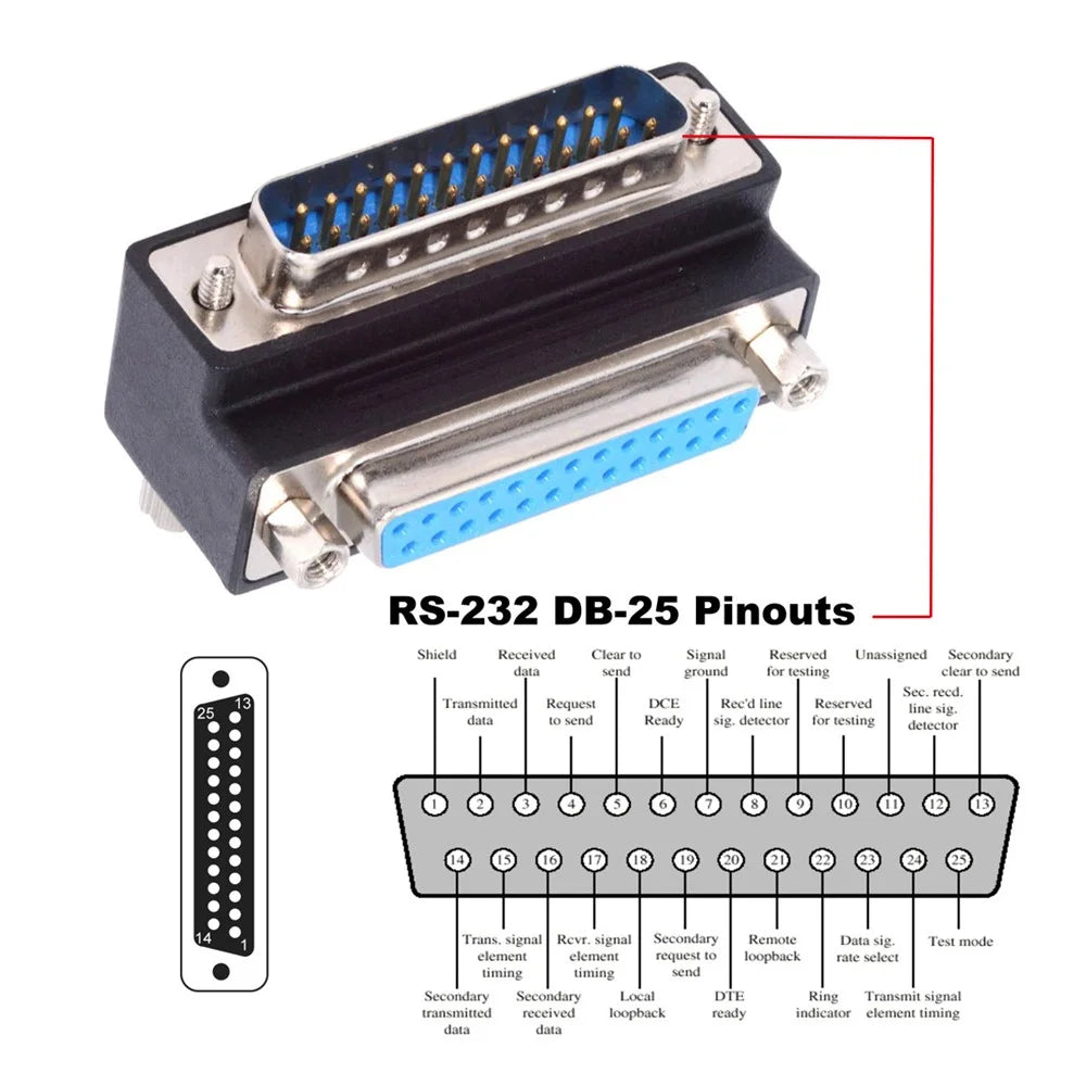 DB-008-UP DB-25PIN Up 90-Degree Angled DSUB Parallel LPT AES / EBU 25-Pin Male Screw to Female Nut Adapter - 7