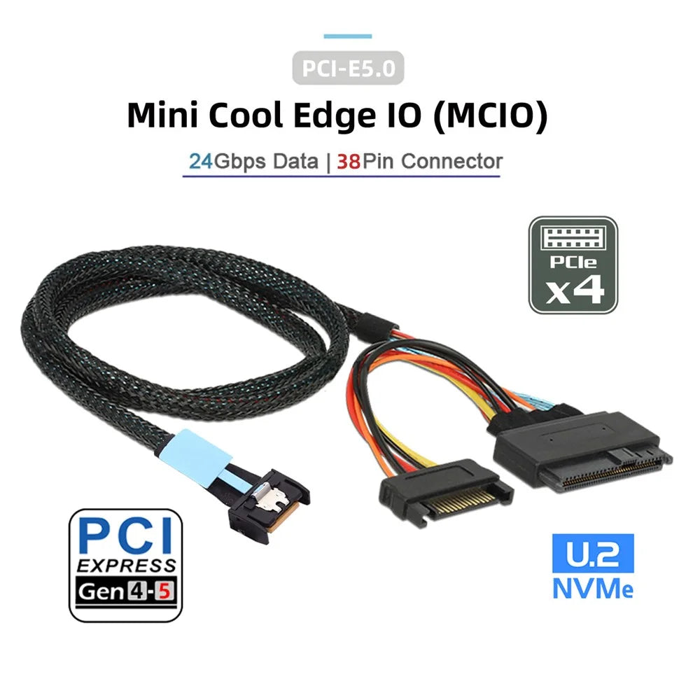 SF-081 MCIO 4x Mini Cool Edge IO to U.2 SFF-8639 NVME PCIe PCI-Express Cable for Mainboard SSD - 5