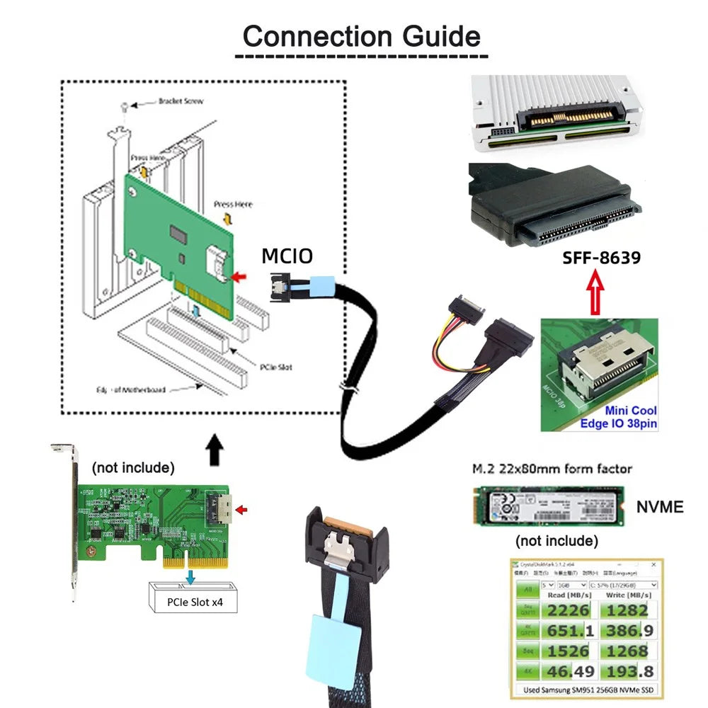 SF-081 MCIO 4x Mini Cool Edge IO to U.2 SFF-8639 NVME PCIe PCI-Express Cable for Mainboard SSD - 6