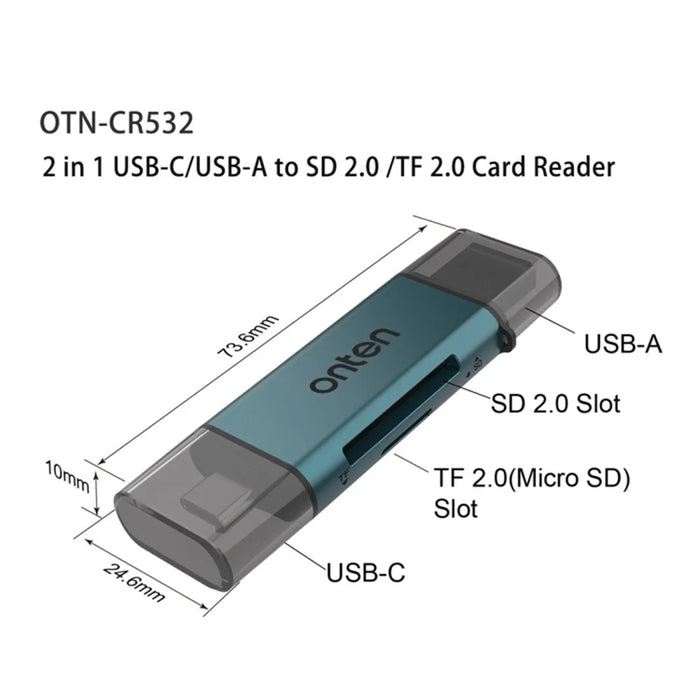 ONTEN CR532 2-in-1 USB-A / USB-C to SD2.0 / TF2.0 Card Reader Aluminum Alloy Dual Connector - 7