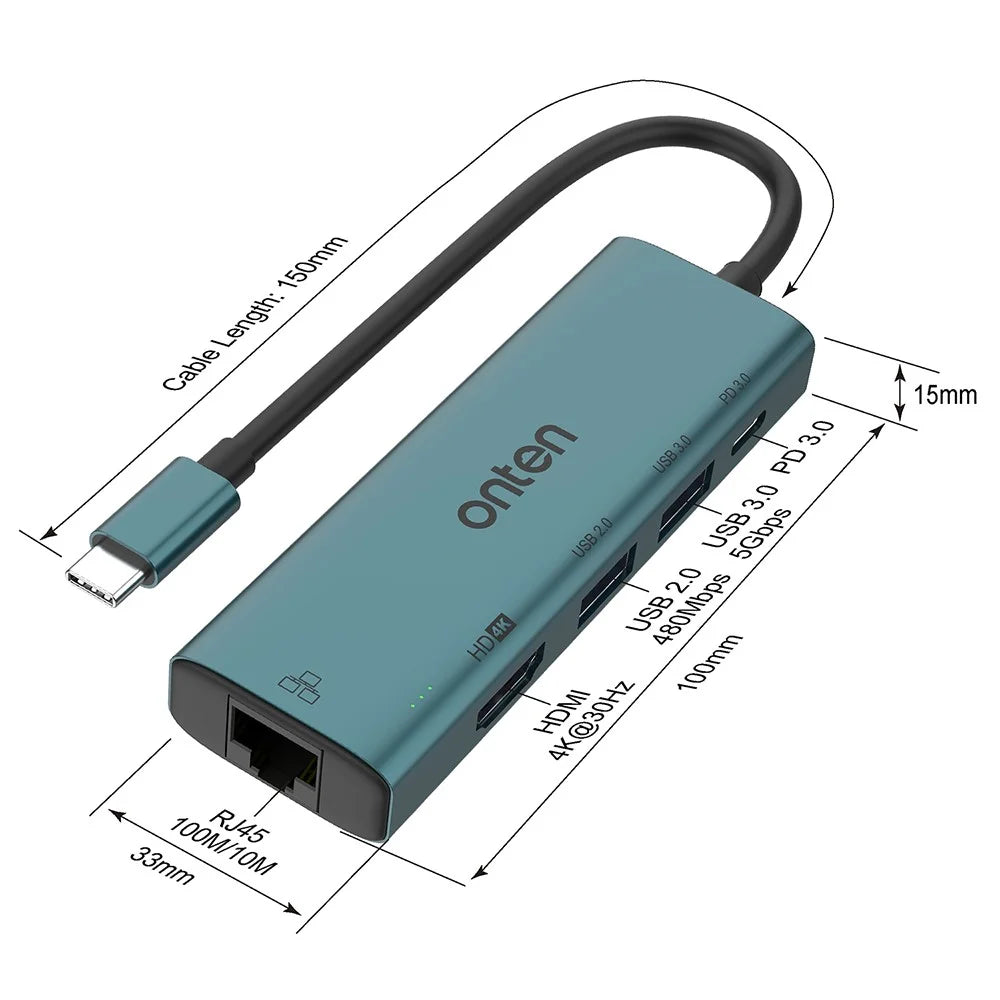 ONTEN UC122 5-in-1 USB-C Hub Multi-Port Adapter USB-C to USB3.0 +USB2.0 Card Slots Adapter - 6