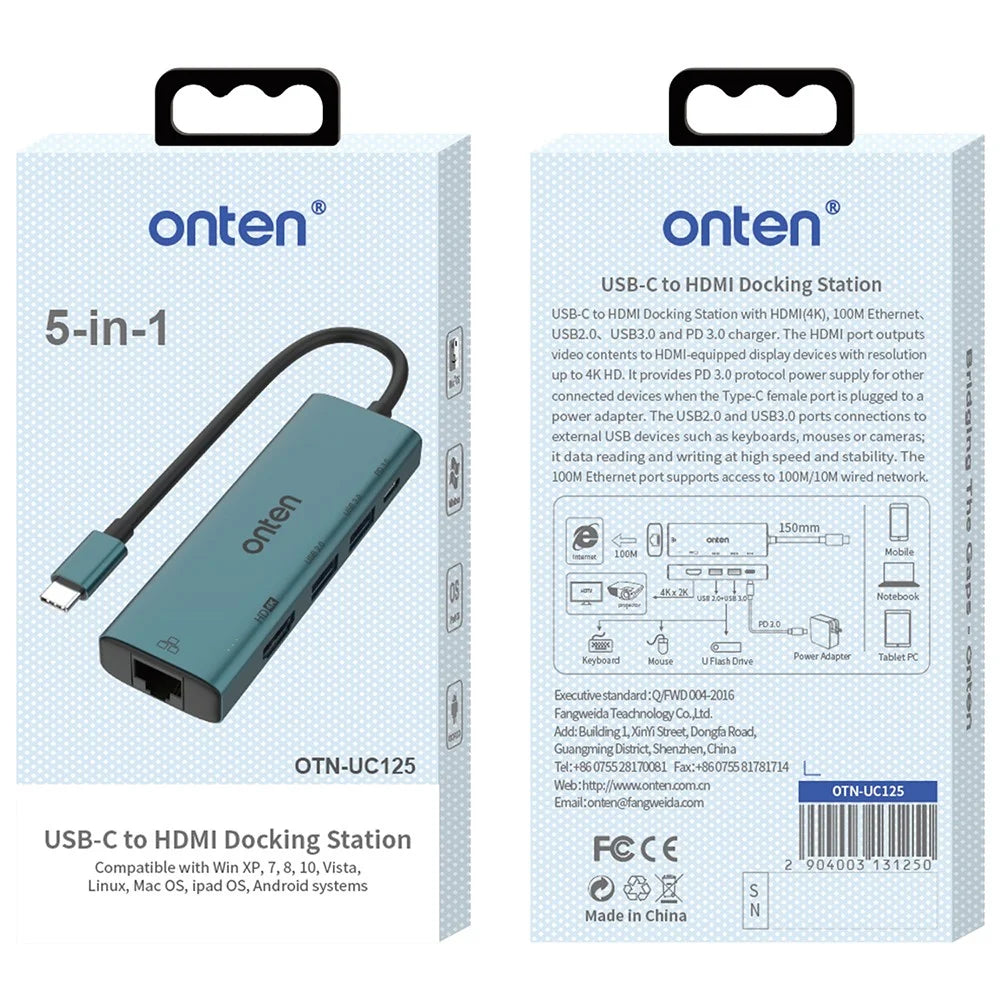 ONTEN UC122 5-in-1 USB-C Hub Multi-Port Adapter USB-C to USB3.0 +USB2.0 Card Slots Adapter - 7