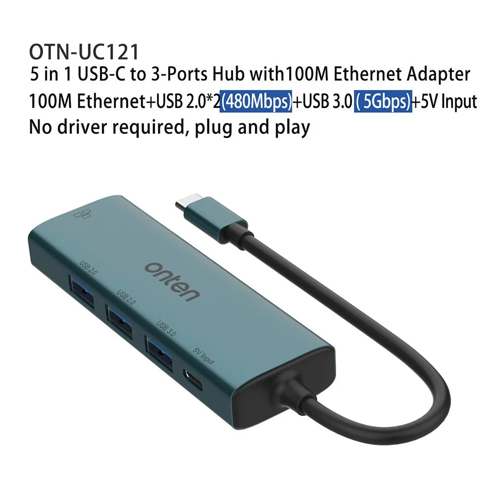 ONTEN UC121 5-in-1 USB Hub Type-C to USB3.0 + 2xUSB2.0 + Type-C Input + RJ45 100Mbps Network Adapter - 3