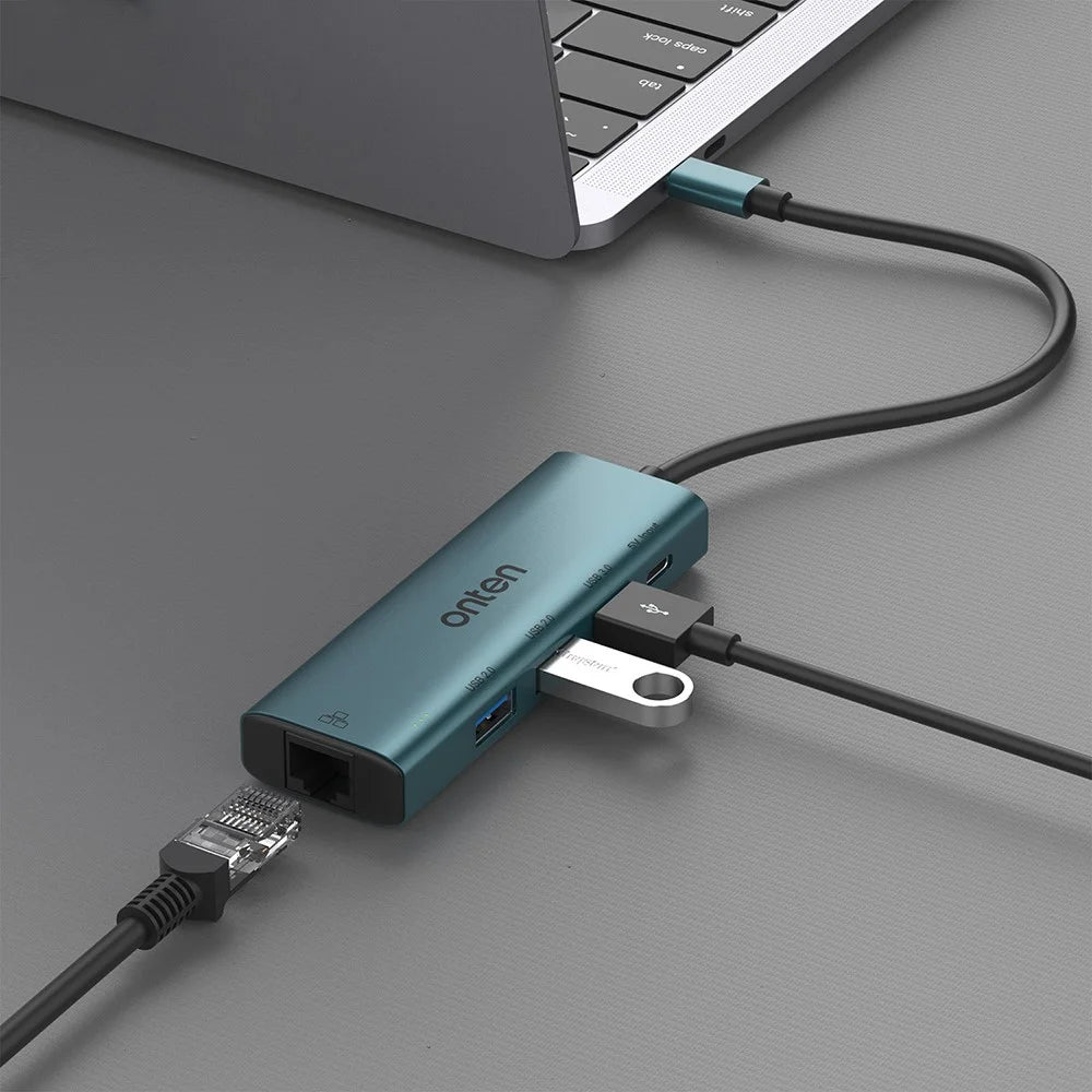 ONTEN UC121 5-in-1 USB Hub Type-C to USB3.0 + 2xUSB2.0 + Type-C Input + RJ45 100Mbps Network Adapter - 6