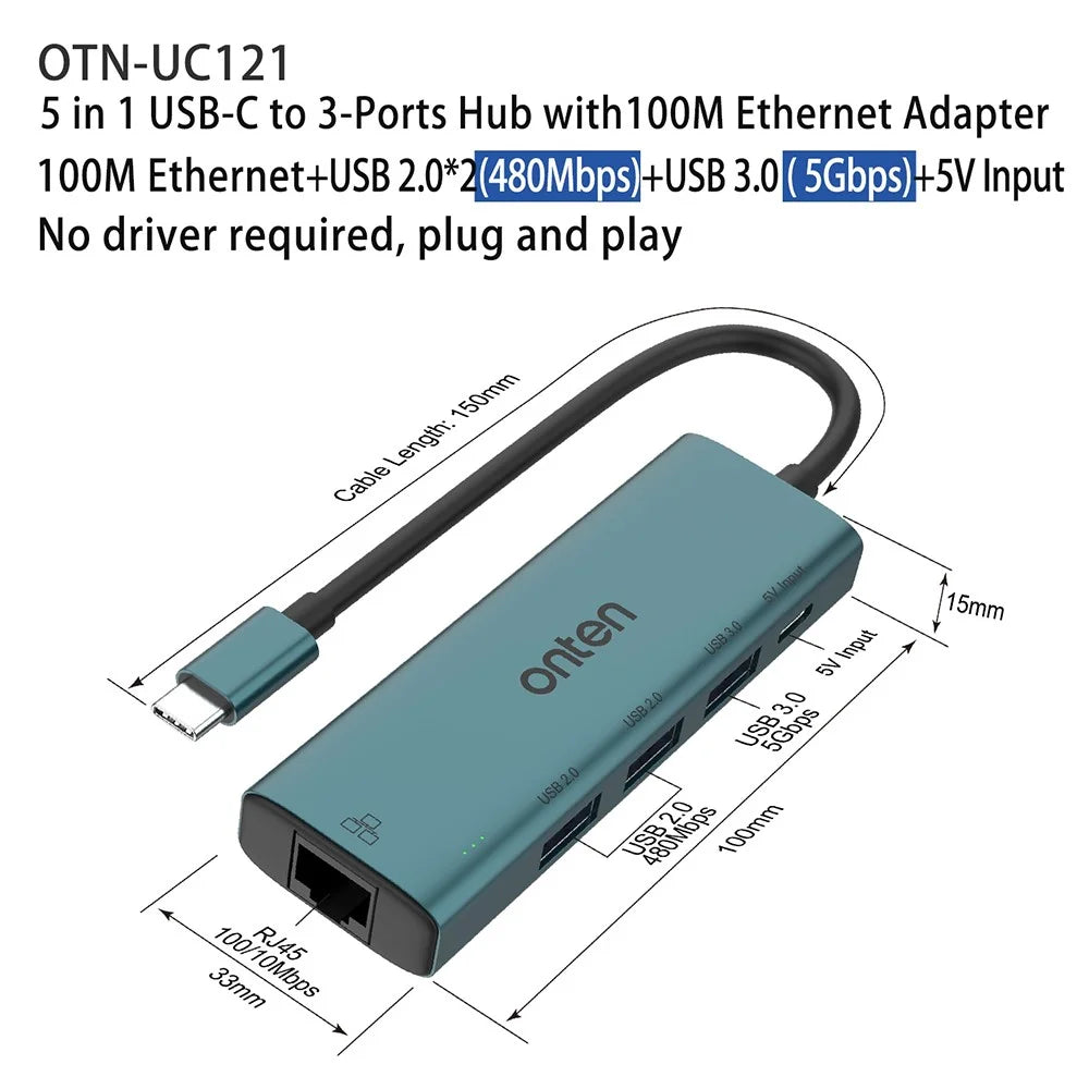 ONTEN UC121 5-in-1 USB Hub Type-C to USB3.0 + 2xUSB2.0 + Type-C Input + RJ45 100Mbps Network Adapter - 7