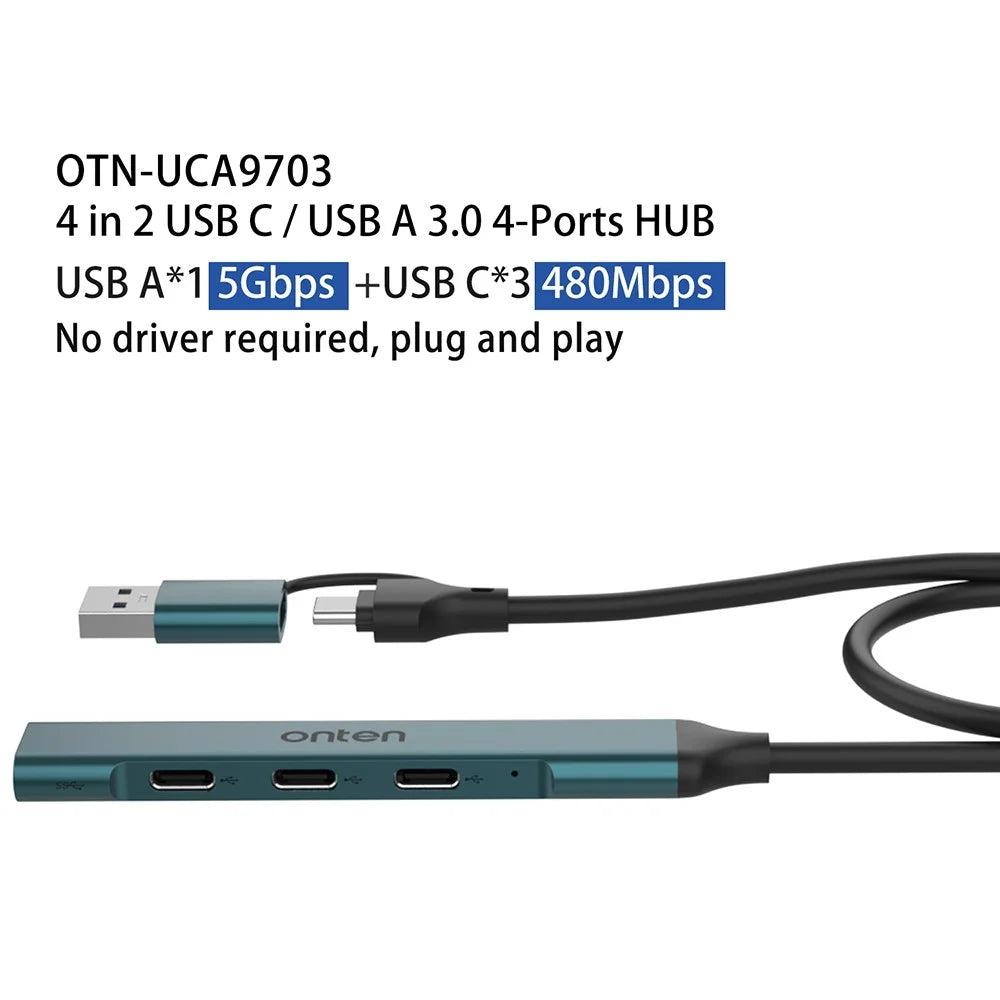 ONTEN UCA9703 USB 3.0+Type-C to 3xType-C+USB Adapter Aluminum Alloy USB Hub - 3