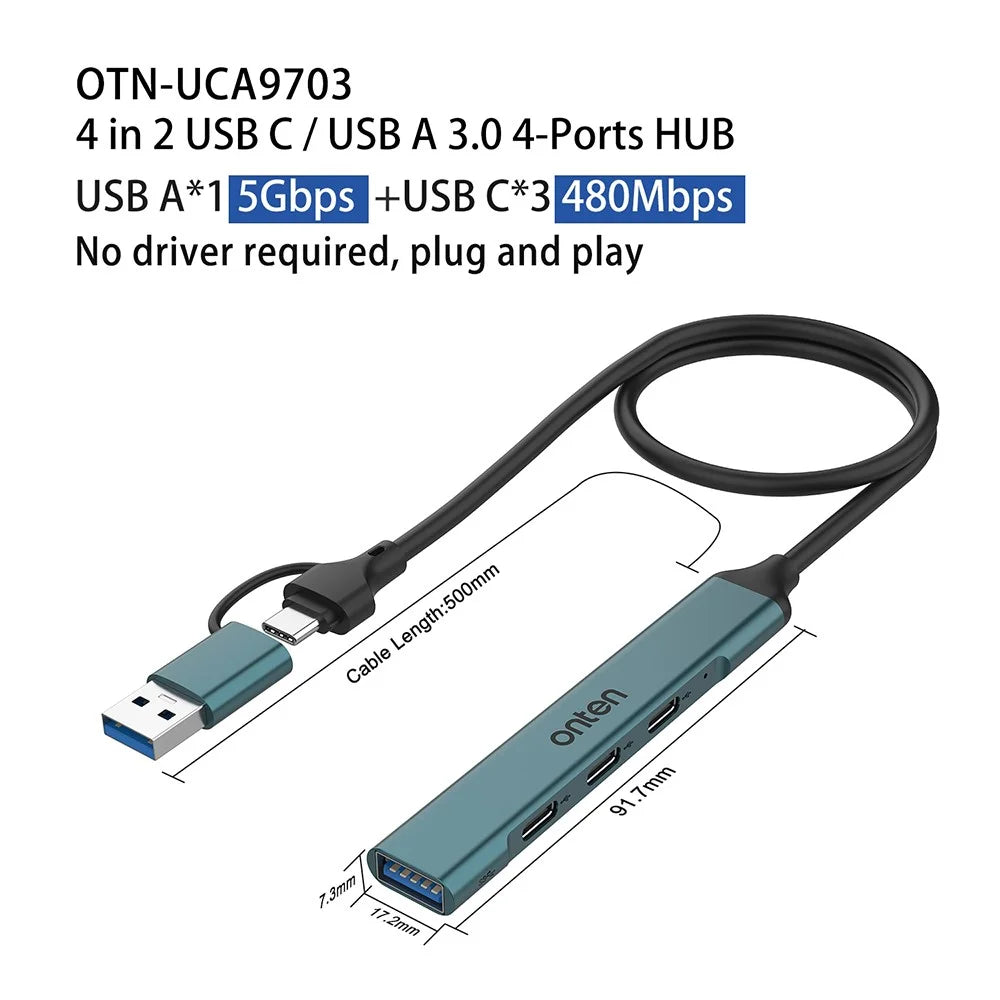 ONTEN UCA9703 USB 3.0+Type-C to 3xType-C+USB Adapter Aluminum Alloy USB Hub - 5