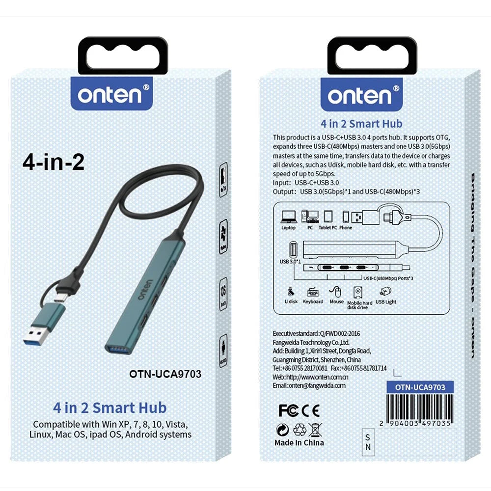 ONTEN UCA9703 USB 3.0+Type-C to 3xType-C+USB Adapter Aluminum Alloy USB Hub - 6
