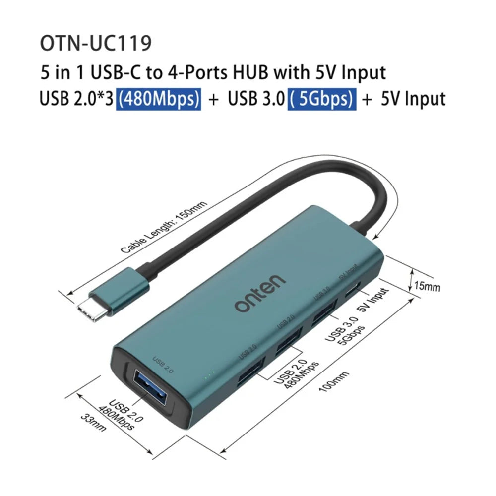 ONTEN UC119 5-in-1 USB-C to USB3.0 + 3xUSB2.0 + USB-C Input Adapter USB Hub - 7