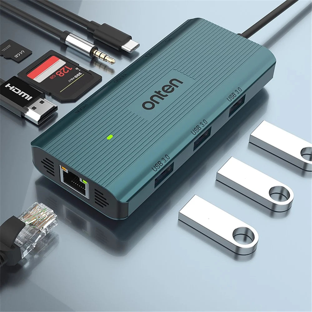 ONTEN UC961 9-in-1 Type-C to USB3.0*3+HD+SD+TF+Jack+PD 3.0+RJ45 USB Hub Docking Station - 3