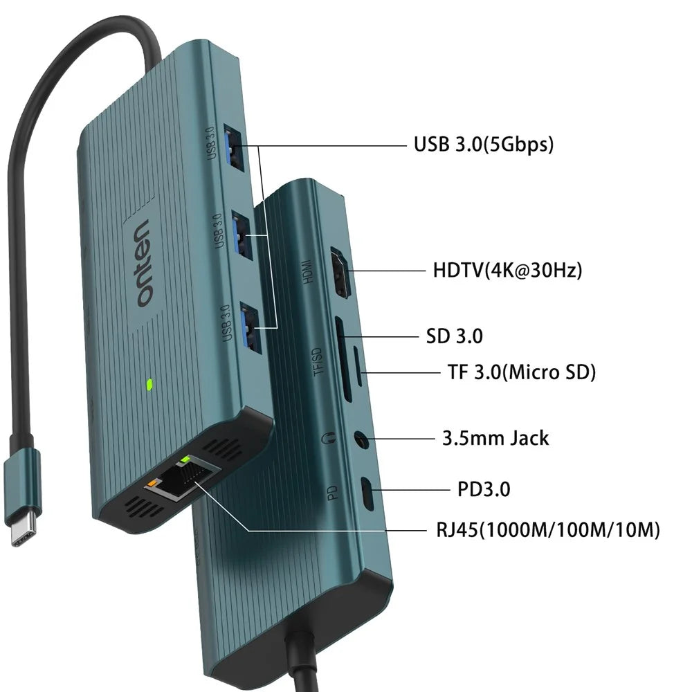 ONTEN UC961 9-in-1 Type-C to USB3.0*3+HD+SD+TF+Jack+PD 3.0+RJ45 USB Hub Docking Station - 6