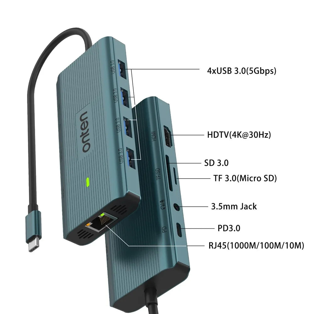 ONTEN UC962 10-in-1 Type-C to USB3.0*4+HD+SD+TF+Jack+PD 3.0+RJ45 USB Hub Docking Station - 4
