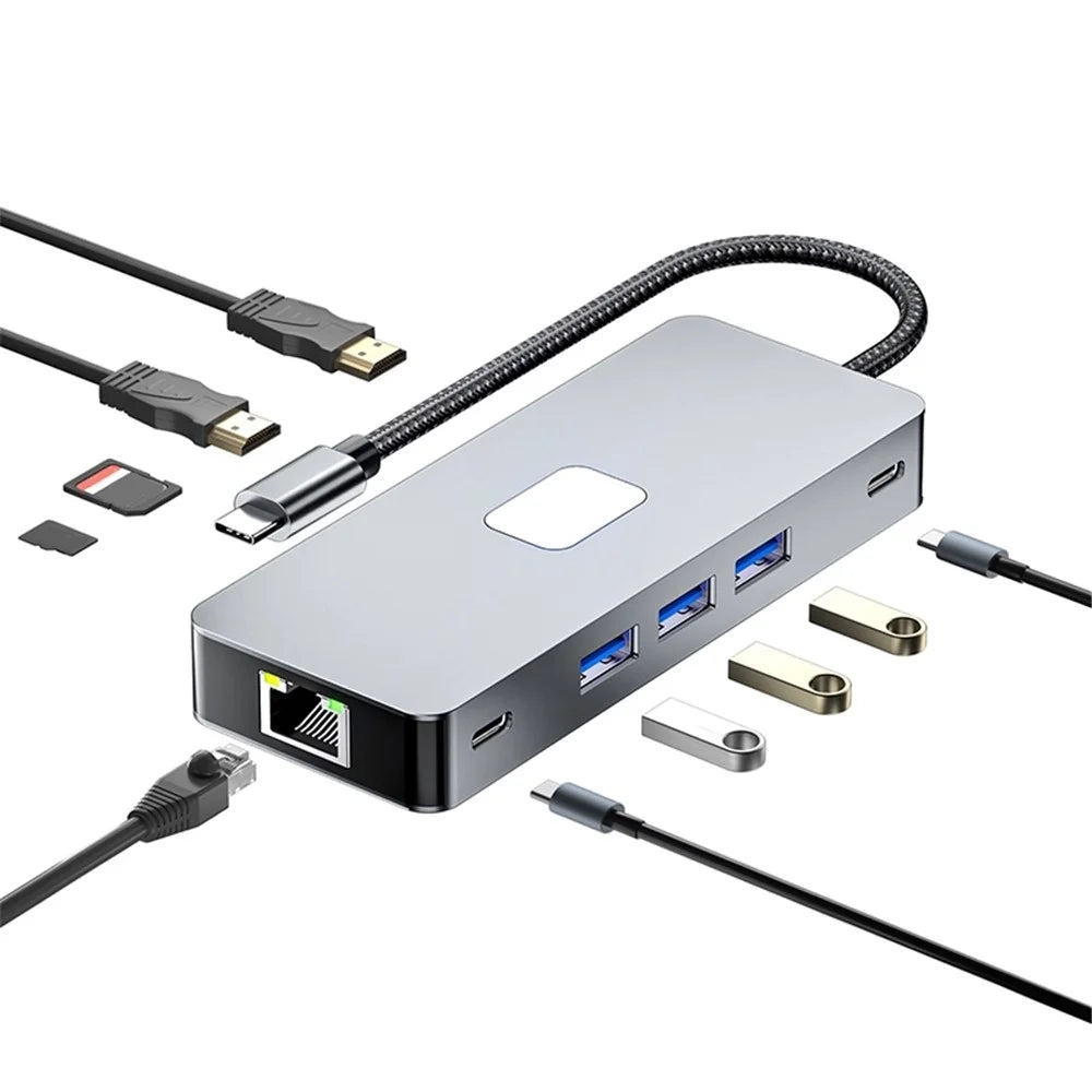 BYL-2315 10-in-1 Type-C Hub to PD 100W Charging RJ45 USB 3.0 USB-C HD 4K Video Output Card Reader - 3