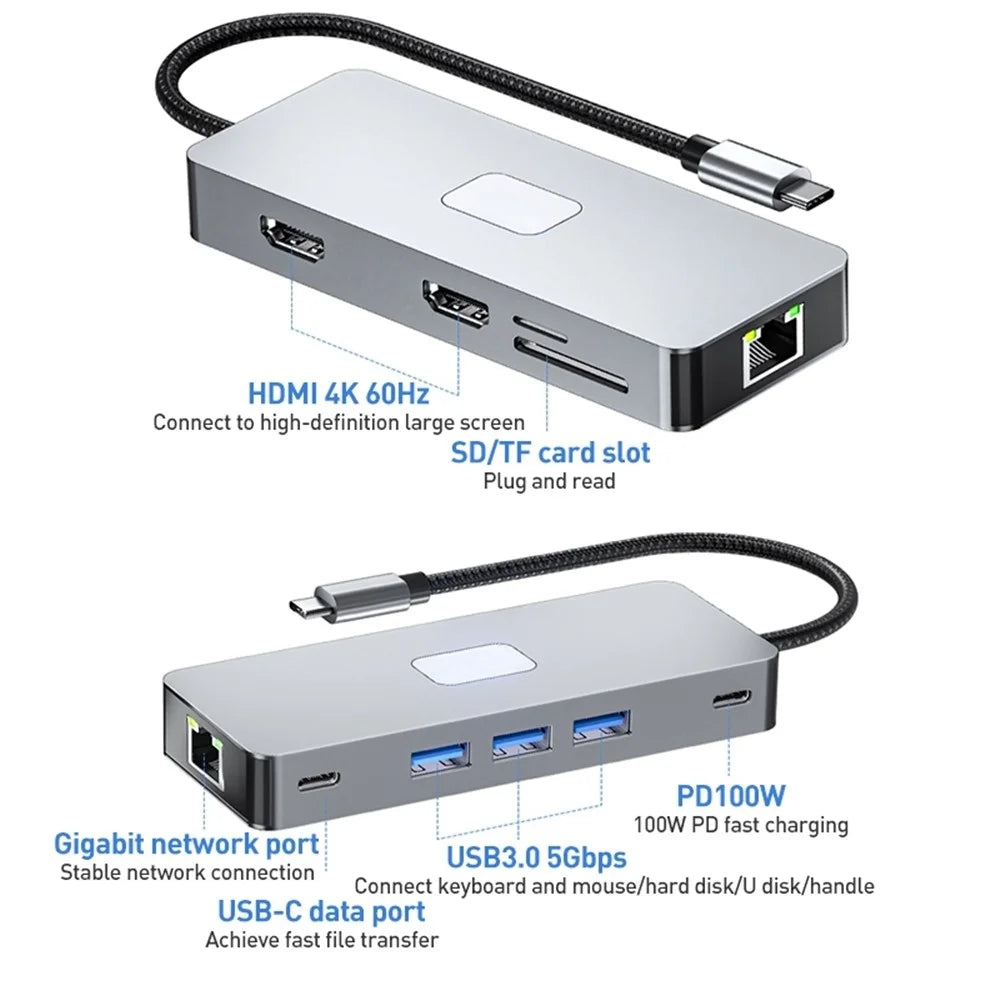 BYL-2315 10-in-1 Type-C Hub to PD 100W Charging RJ45 USB 3.0 USB-C HD 4K Video Output Card Reader - 4