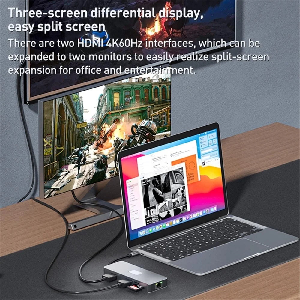 BYL-2315 10-in-1 Type-C Hub to PD 100W Charging RJ45 USB 3.0 USB-C HD 4K Video Output Card Reader - 5
