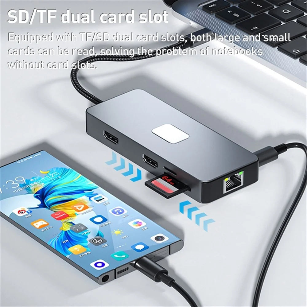 BYL-2315 10-in-1 Type-C Hub to PD 100W Charging RJ45 USB 3.0 USB-C HD 4K Video Output Card Reader - 7