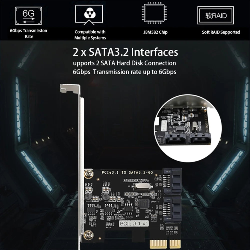 TXB116 SATA Hard Drive Expansion Card PCI-E 3.1 to 2-port SATA 3.2 6Gbps Adapter Card (Chip: JMB582) - 2