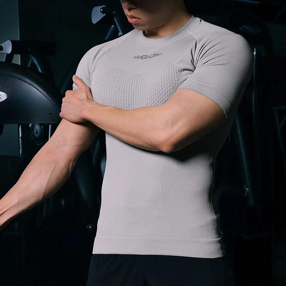 GOLOVEJOY JS02 Outdoor Sports Breathable Men Compression Short Sleeve Top for Cycling Running, Size M - Grey - 3