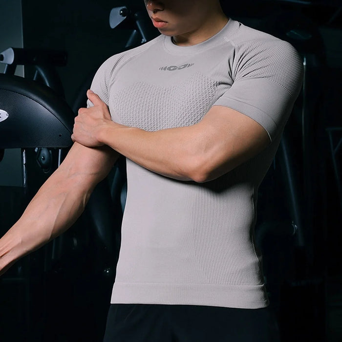 GOLOVEJOY JS02 Outdoor Sports Breathable Men Compression Short Sleeve Top for Cycling Running, Size XXL - Grey - 3