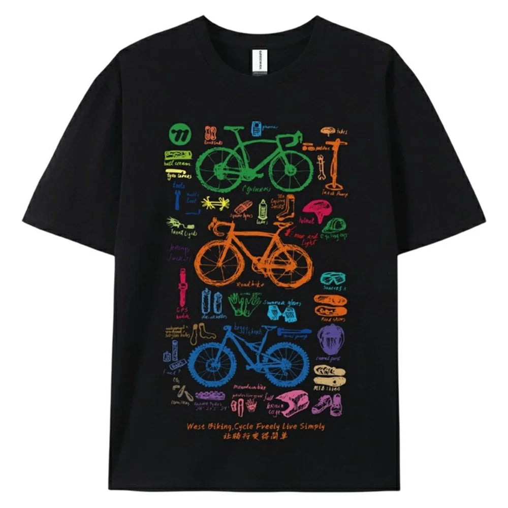 WEST BIKING YP0206180 Bicycle Print T Shirt Round Neck Short Sleeve Cotton Summer Outdoor Sports Tee - Black / S - 1