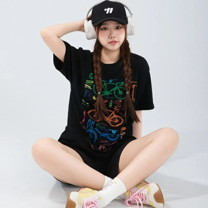 WEST BIKING YP0206180 Bicycle Print T Shirt Round Neck Short Sleeve Cotton Summer Outdoor Sports Tee - Black / S - 4
