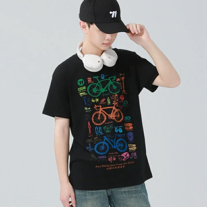 WEST BIKING YP0206180 Bicycle Print T Shirt Round Neck Short Sleeve Cotton Summer Outdoor Sports Tee - Black / S - 5