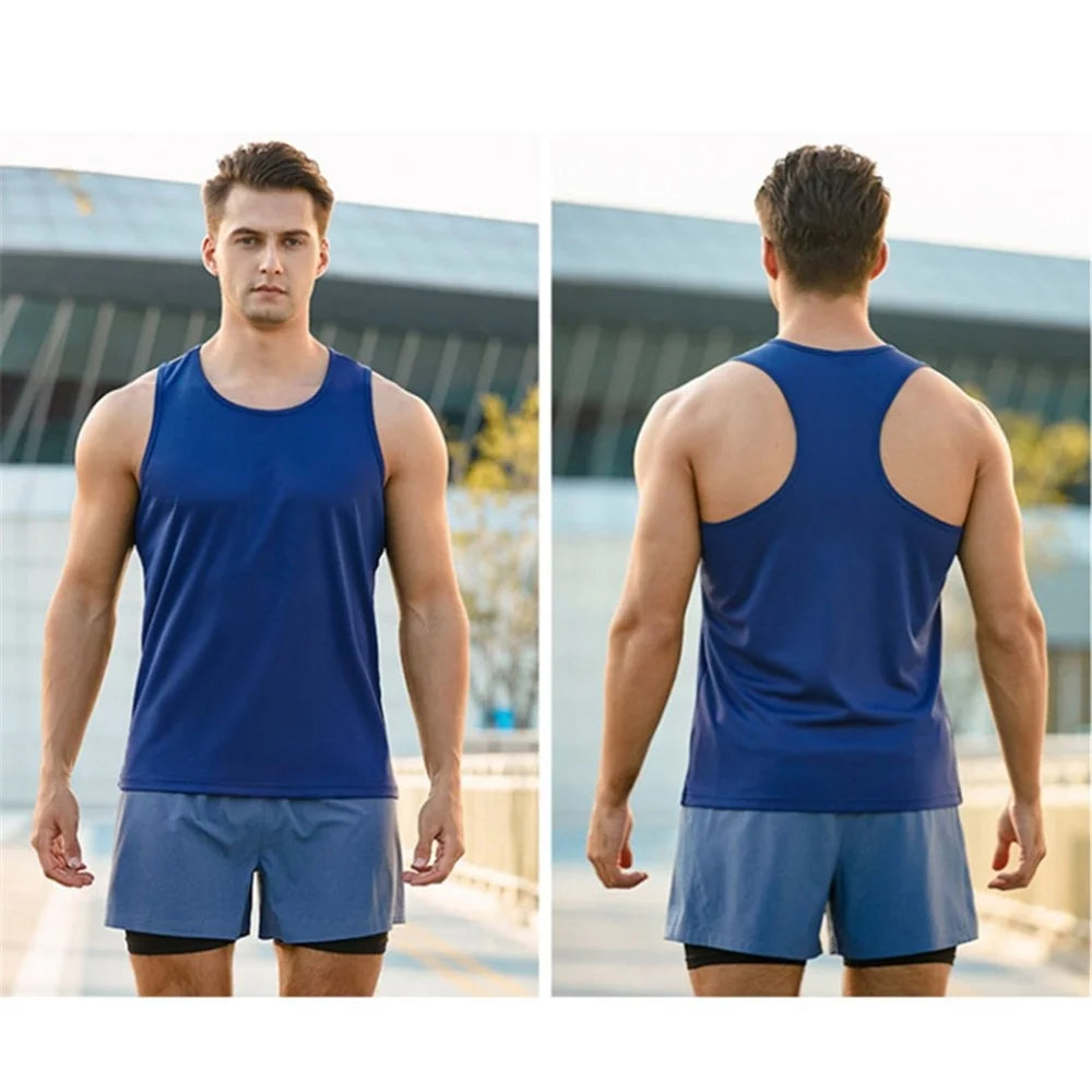 Summer Men Sports Polyester Vest Breathable Quick-drying Round Neck Running Basketball Tank Top - Navy Blue / XL - 3