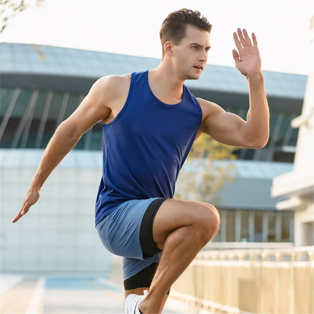 Summer Men Sports Casual Polyester Vest Breathable Quick-drying Running Basketball Tank Top - Navy Blue / S - 2