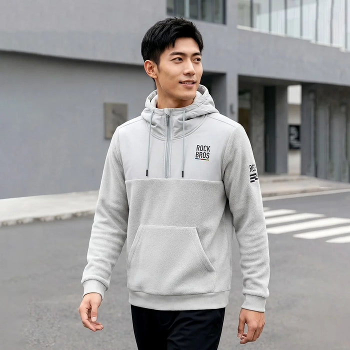 ROCKBROS 15400008 TLWY002 15400008001 Windproof Fleece Sports Hoodie Zipper Fleece Pullover Hooded Jacket with Hidden Mesh Pocket - Light Grey  /  S - 6