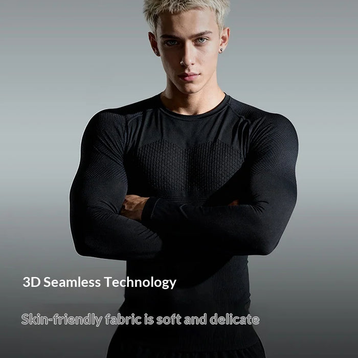 JS07 Men Seamless Athletic Long Sleeve Compression Shirt Moisture Wicking Quick Dry Training Top for Running Cycling - Black/M - 2