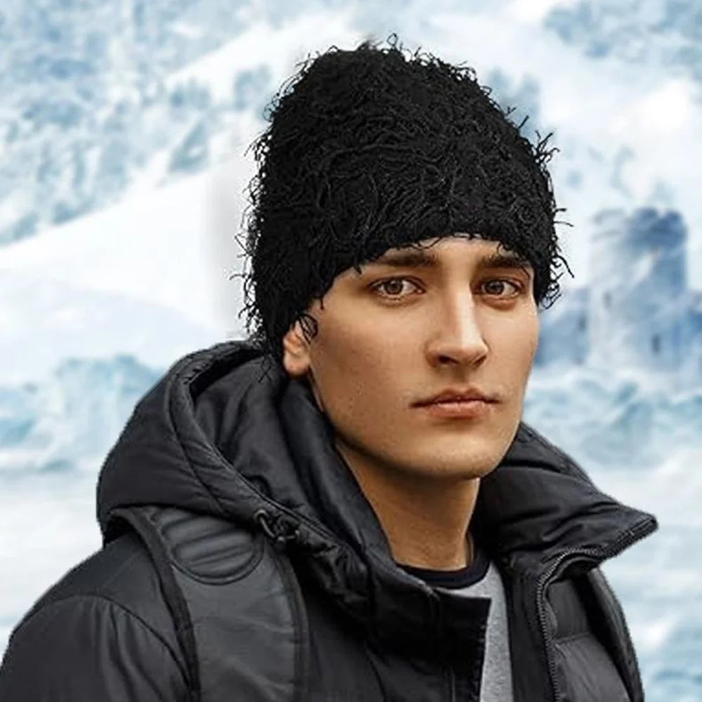 Double-Layer Warm Knitted Hat Autumn Winter Ear Head Protection Unisex Woolen Yarn Beanie Cap - Black - 2