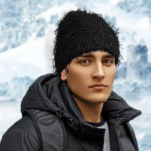Double-Layer Warm Knitted Hat Autumn Winter Ear Head Protection Unisex Woolen Yarn Beanie Cap - Black - 2