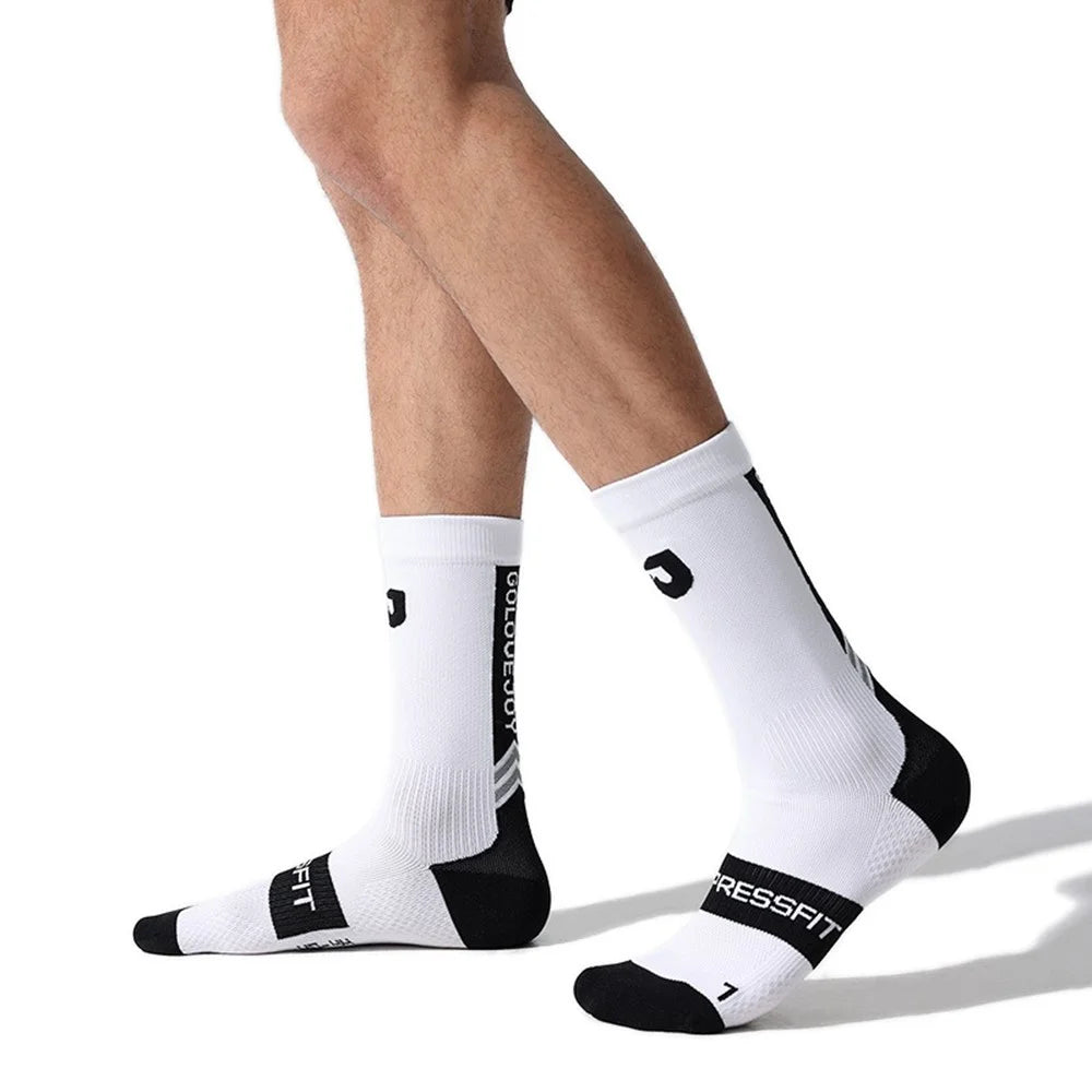 GOLOVEJOY DWZ12 Reflective Middle Tube Socks Outdoor Sports Compression Socks for Running Basketball - White  /  Size 35-39 - 1