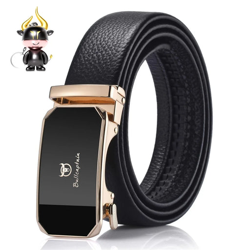 BULLCAPTAIN PD0007 120cm First Layer Cowhide Leather Men Belt Automatic Buckle Waist Belt with Keychain - Gold - 1