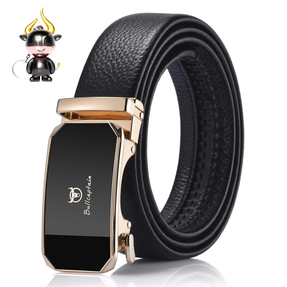 BULLCAPTAIN PD0007 125cm First Layer Cowhide Leather Men Belt Automatic Buckle Waist Belt with Keychain - Gold - 1