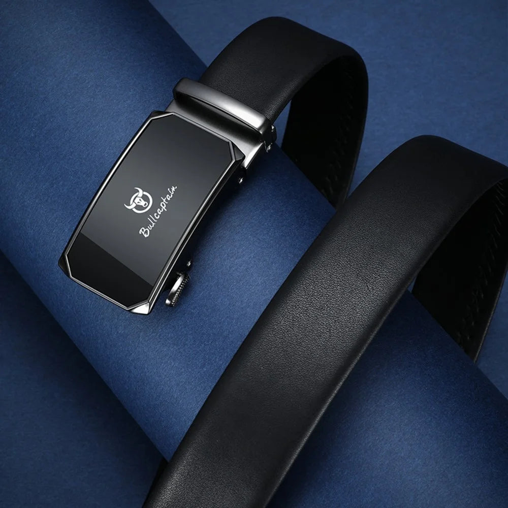 BULLCAPTAIN PD0007 130cm First Layer Cowhide Leather Men Belt Automatic Buckle Waist Belt with Keychain - Dark Grey - 7
