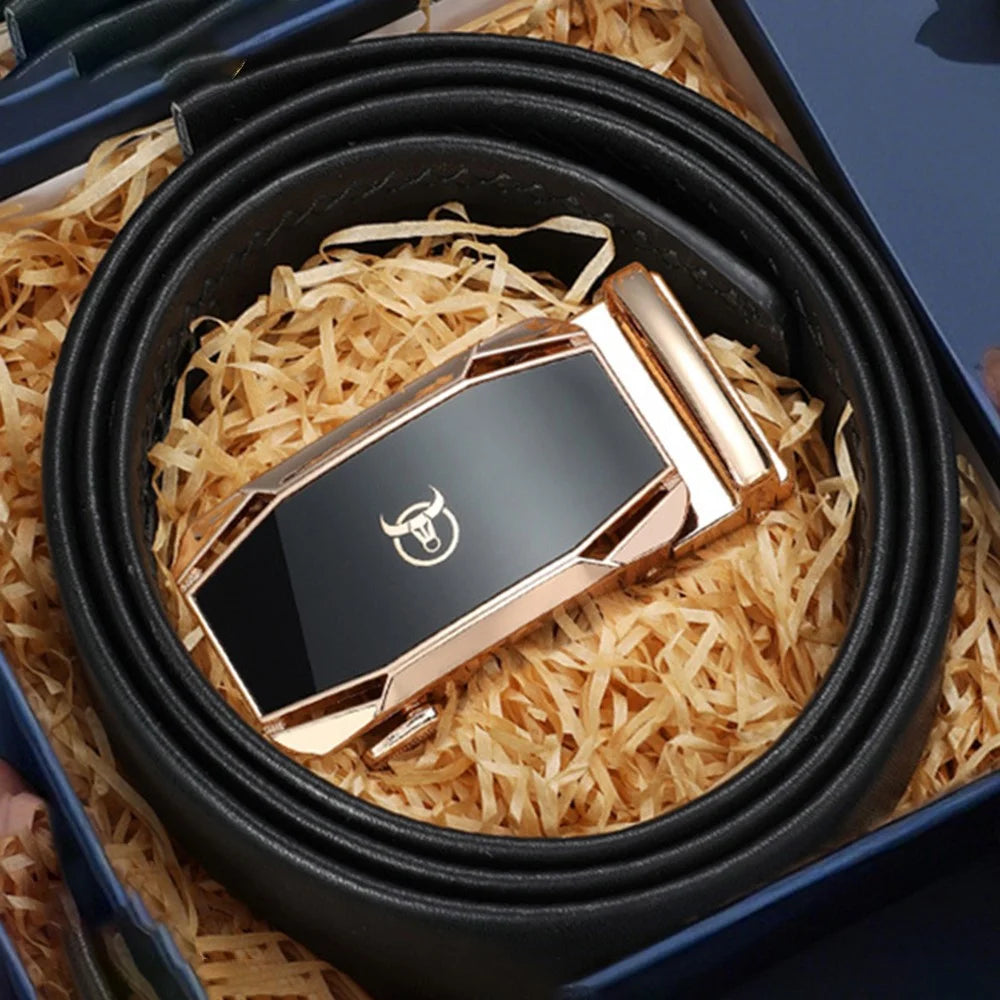 BULLCAPTAIN 0004 120cm Men Top Layer Cowhide Leather Belt Automatic Buckle Waistband with Keychain - Gold - 1